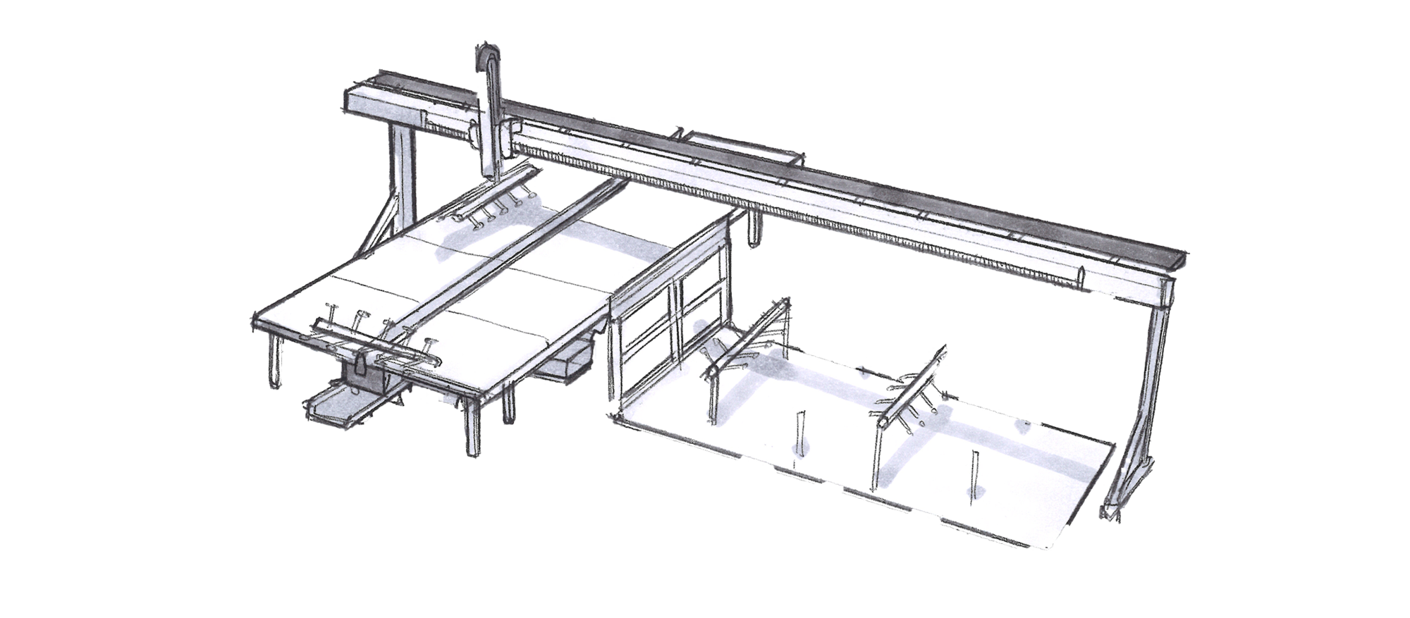 End of Line – Semi-automatic | © Güdel Group AG Metal Sheet Handling, Semi-Automatic, Ergonomically, Manual Racking, Automatic Crossbar Exchange | © Güdel Group AG